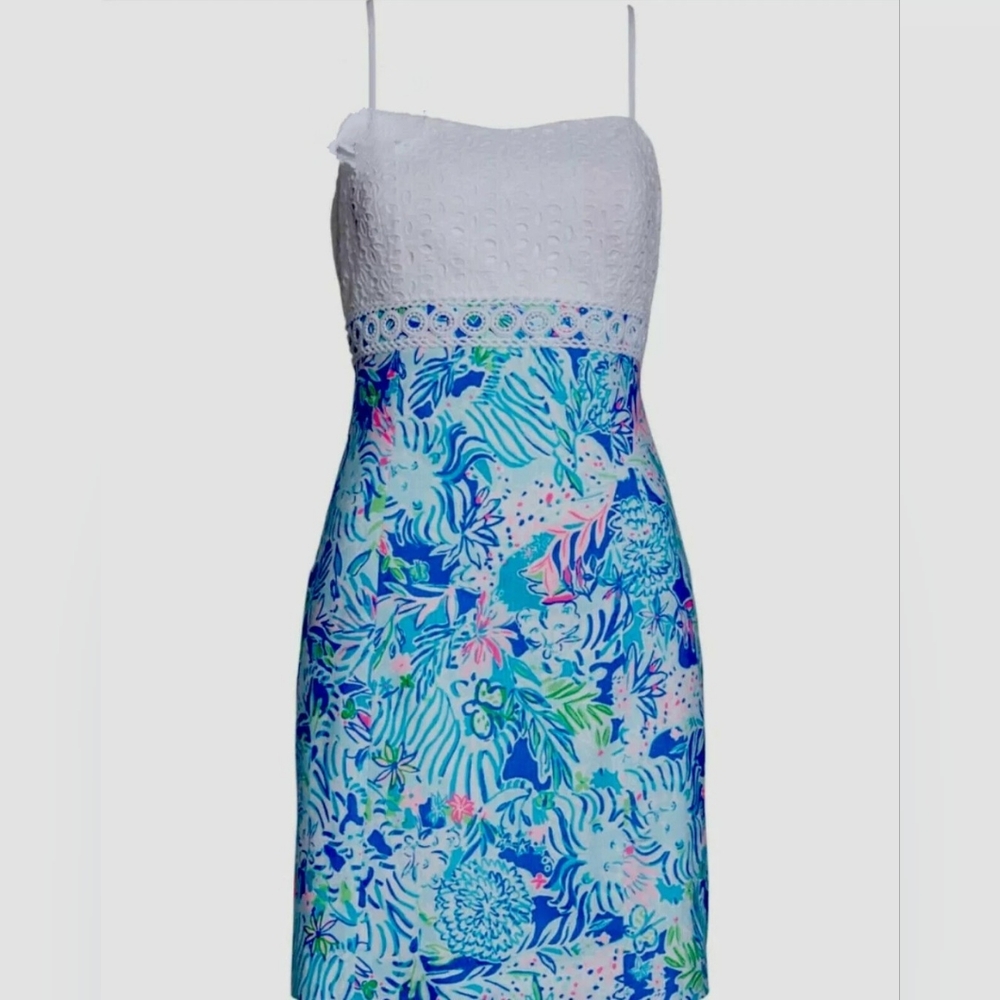 White & Blue Floral Sundress with Lace Waistband